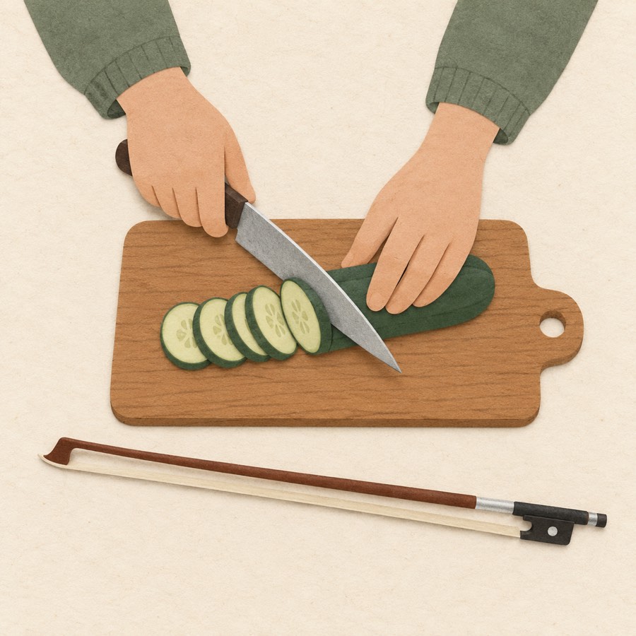 まな板の上で包丁を使う手と、その下に置かれたヴァイオリンの弓のイラスト